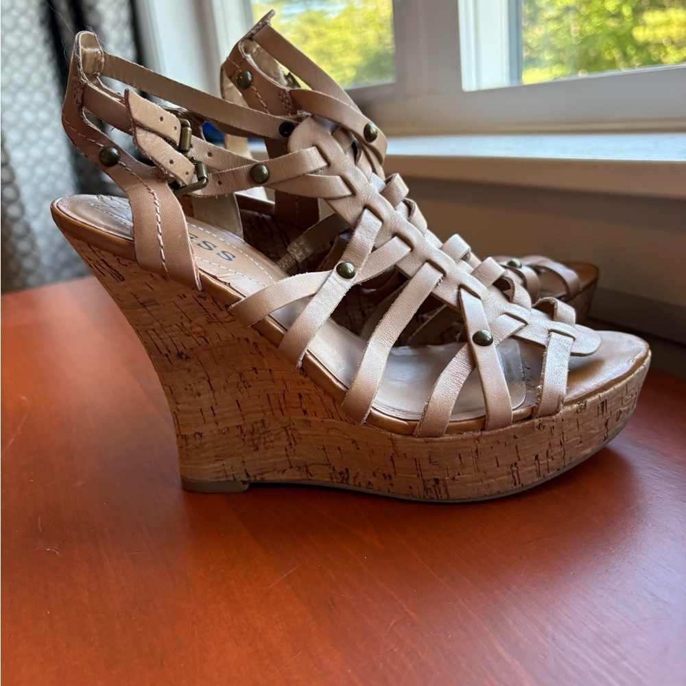 Guess Beige Strappy Wedge Sandals